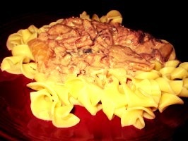 creamy crockpot beef stroganoff served from the slow cooker