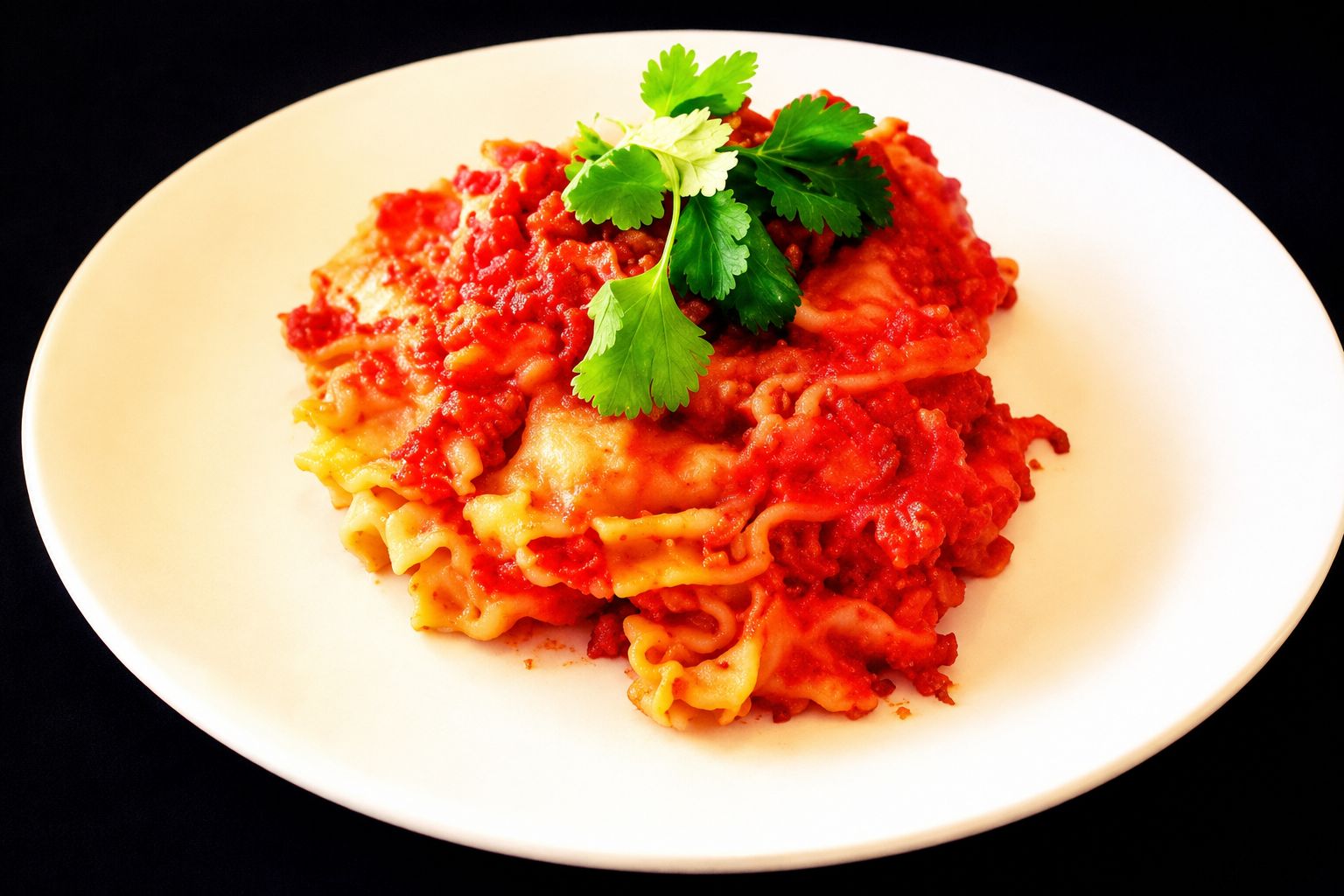 Layered crockpot lasagna with meat sauce and mozzarella