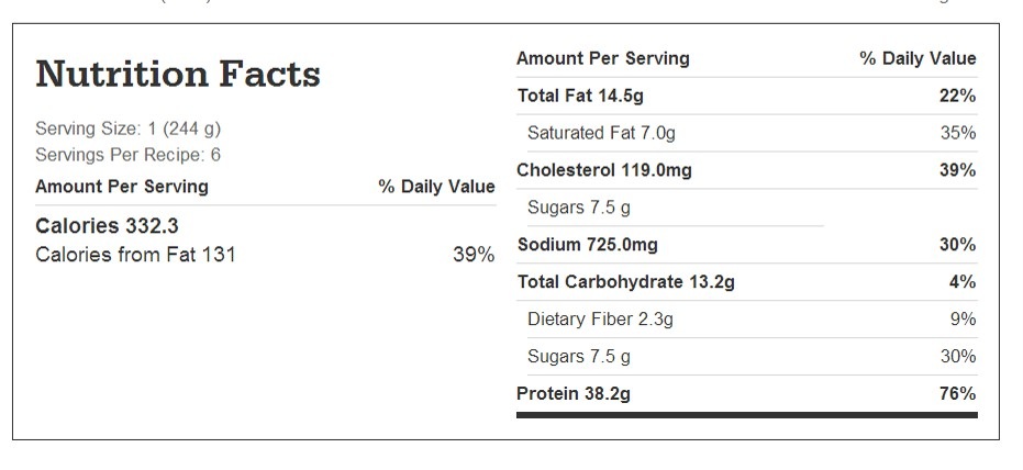 Nutrition facts chart for greek-style beef stifado