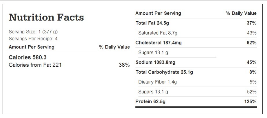 Nutrition facts chart for beer and garlic chuck roast