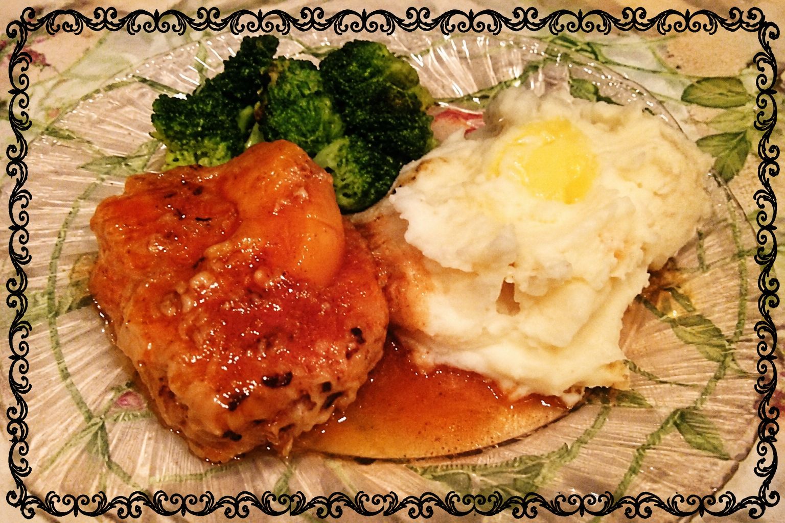 Peach glazed pork chops with sweet sauce and rice