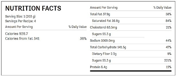 Nutrition facts chart for two-ingredient apple or cherry cobbler