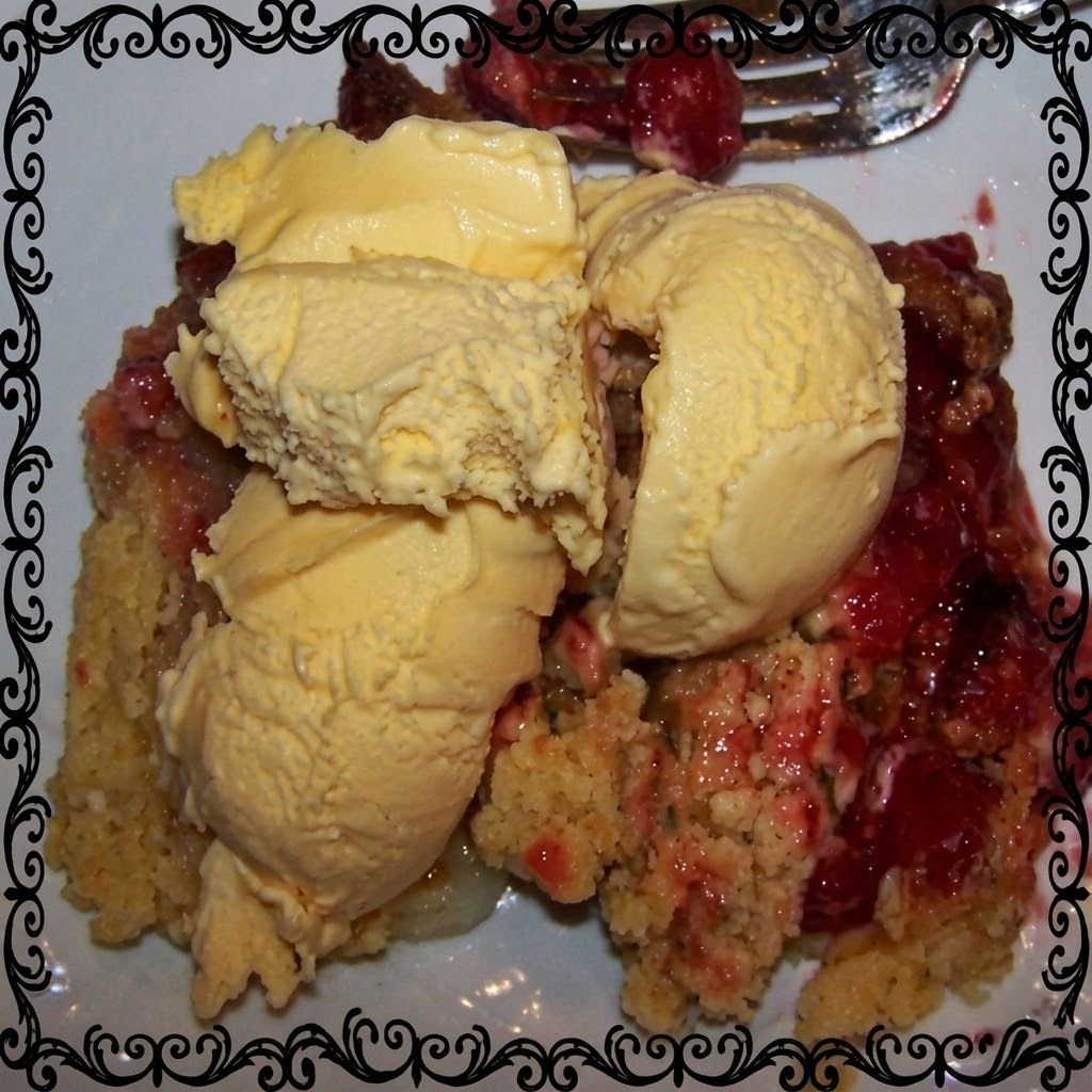 two-ingredient apple or cherry cobbler served from the slow cooker