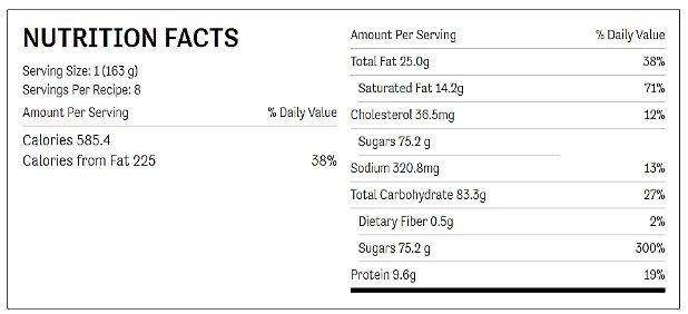 Nutrition facts chart for slow cooker caramel toffee pie