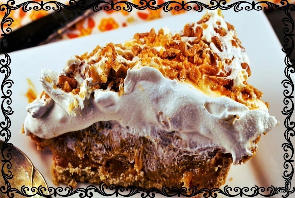 Creamy caramel pie with whipped topping and toffee pieces