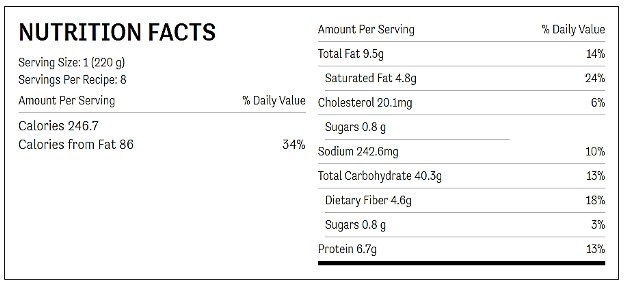 Nutrition facts chart for chive and onion creamed corn