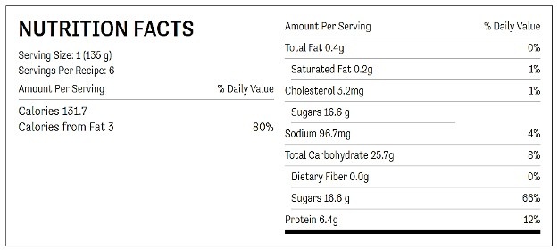 Nutrition facts chart for slow cooker rice pudding bowl