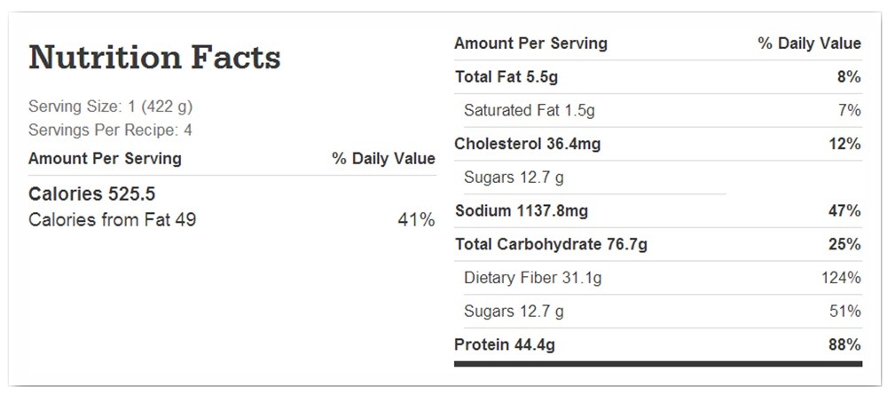 Nutrition facts chart for dairy-free crockpot split pea soup
