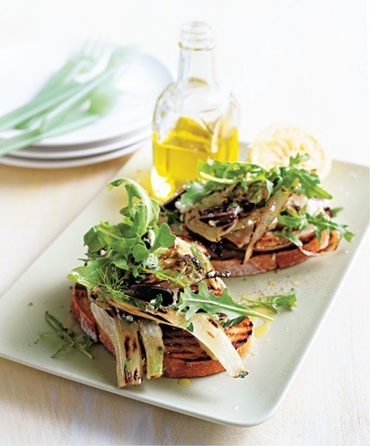 grilled sourdough topped with charred fennel feta and olives