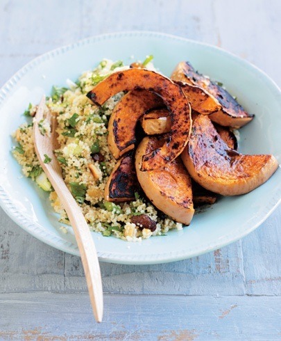 grilled chili butternut squash served over herby couscous salad