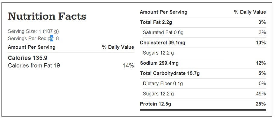 Nutrition facts chart for cola barbecue pork roast