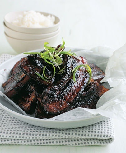 sticky hoisin glazed pork ribs with green onions