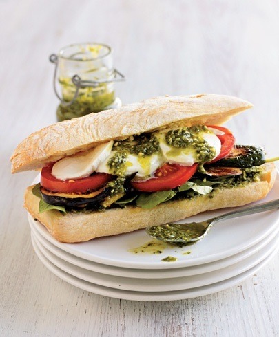 grilled eggplant zucchini tomato mozzarella and pesto ciabatta burgers