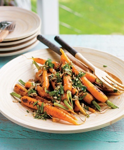 grilled carrot salad with sunflower seeds parsley and dressing