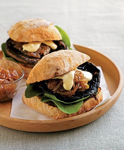 grilled mushroom ciabatta burgers with spinach and onion jam