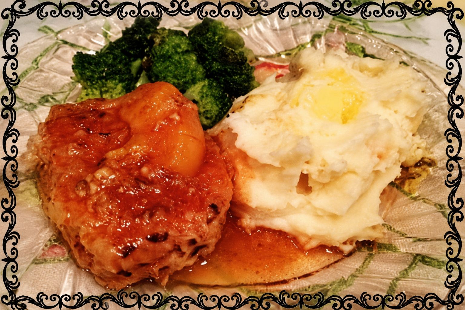 Peach glazed pork chops with sweet sauce and rice