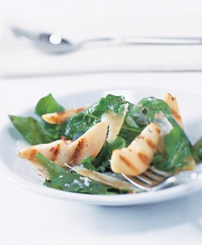 grilled pear arugula salad with pecorino ribbons