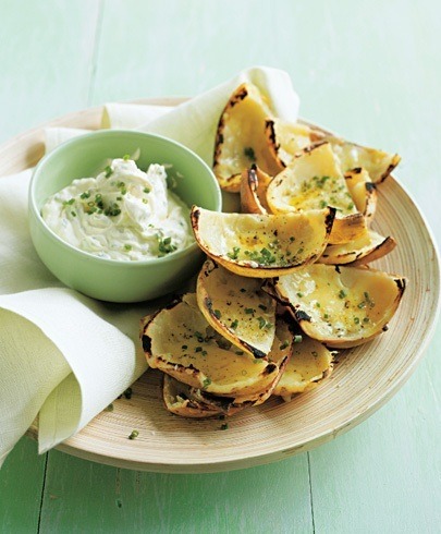 grilled cheddar potato skins with sour cream chive dip