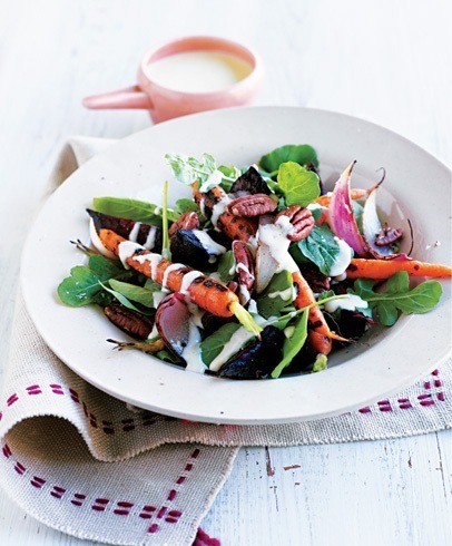 grilled beets carrots onion arugula and pecan salad