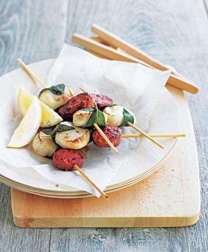 scallop and chorizo skewers with sage and lemon