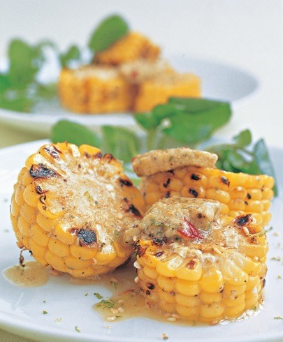 sweet corn slices grilled in foil with sesame lime butter