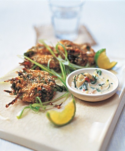 grilled spinach sweet potato cakes with coconut chili dip