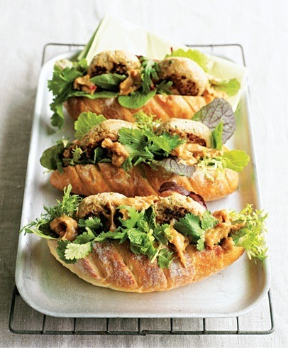thai chicken burgers with herbs and coconut satay sauce
