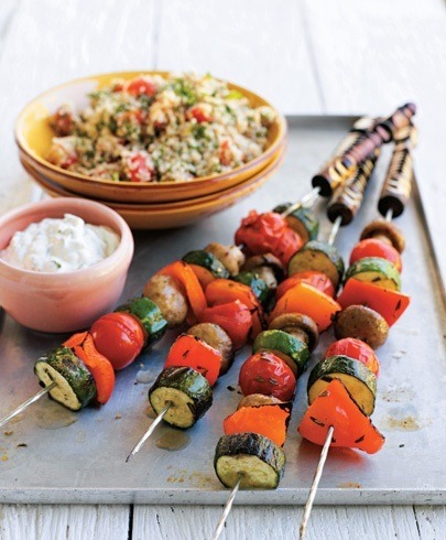 grilled vegetable kebabs served with fresh herby tabbouleh