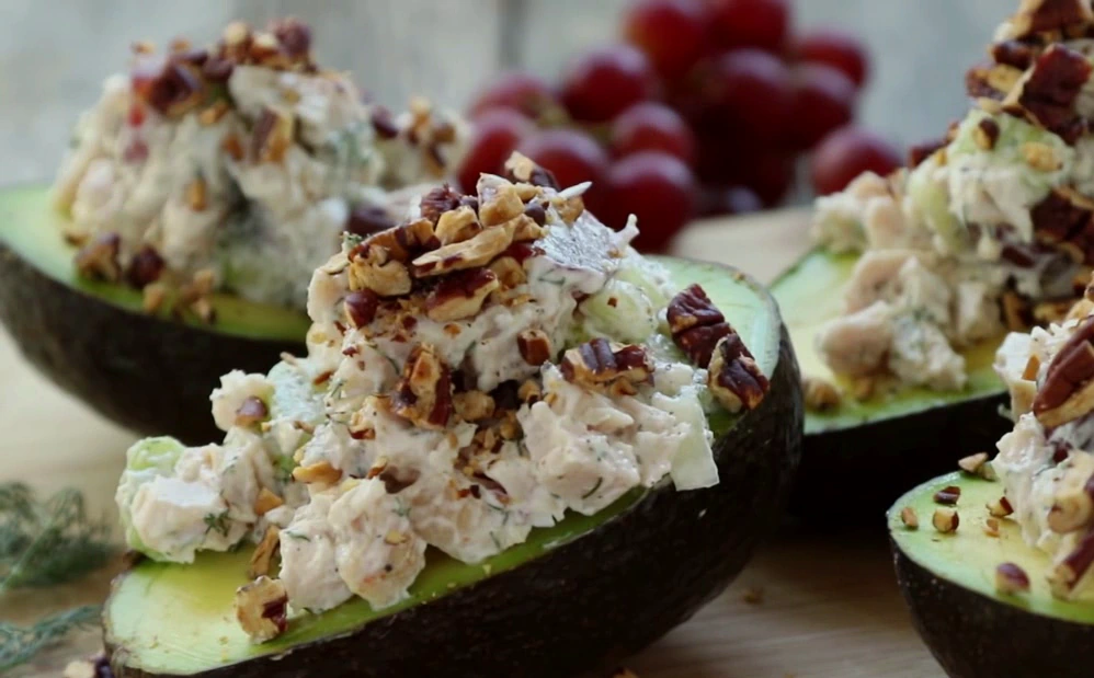 Finished chicken salad stuffed avocados ready to serve.