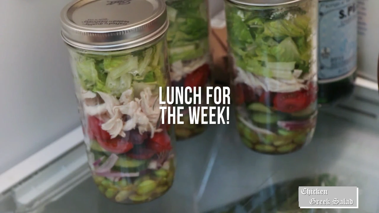 Prepared Greek salad jars ready for the fridge.