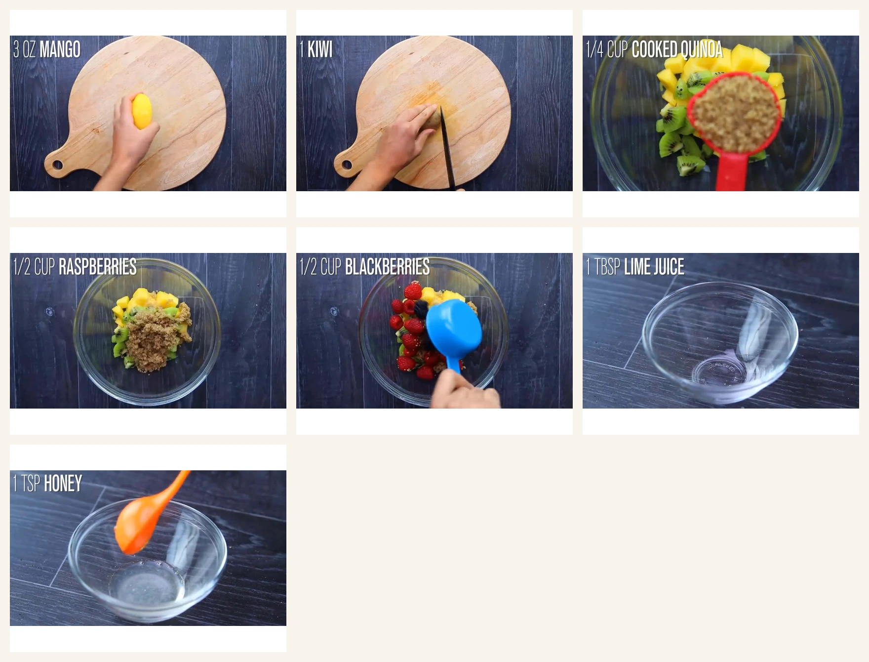 Ingredient collage for quinoa fruit salad.