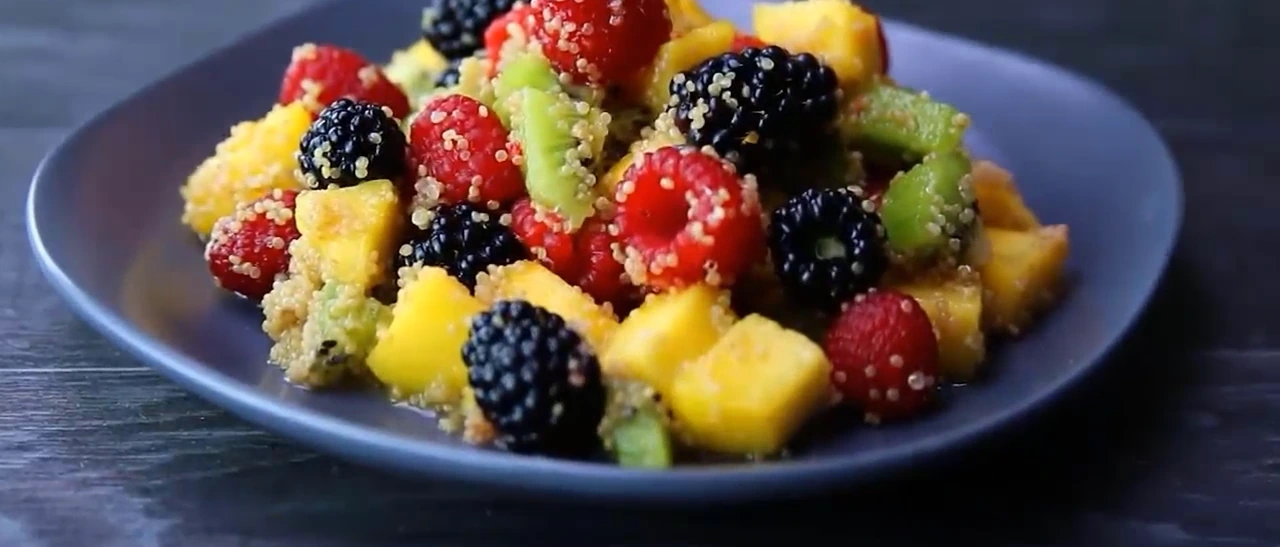 Plated quinoa fruit salad ready to serve.