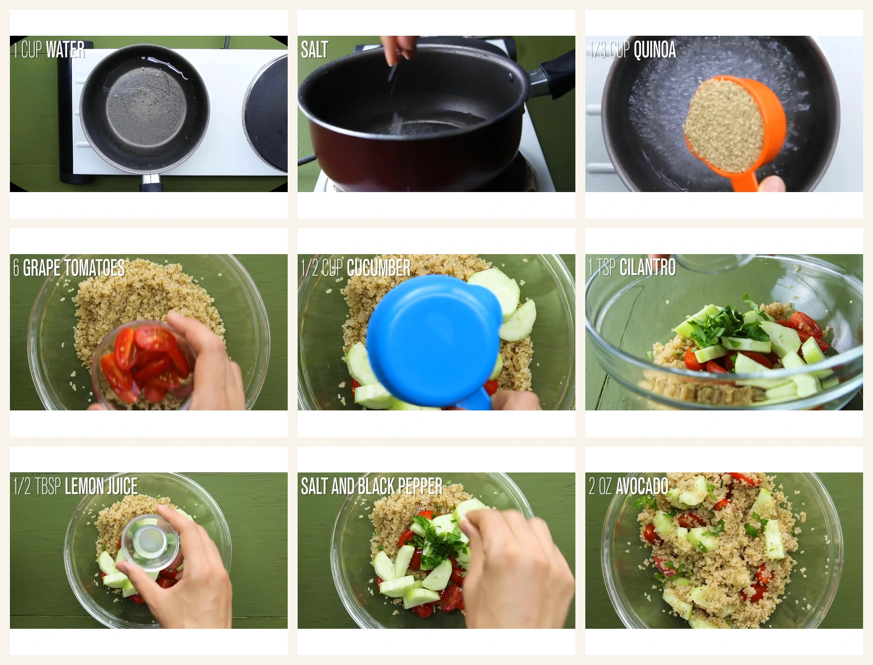 Ingredient collage for quinoa salad with avocado.