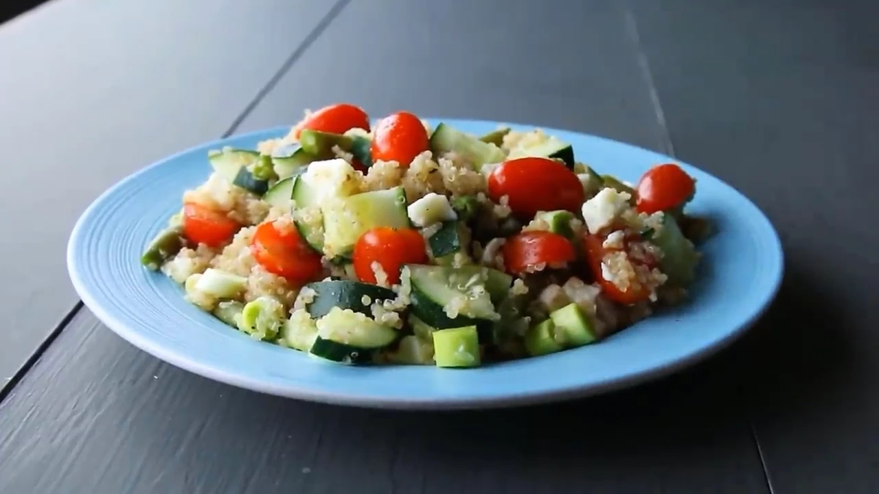 Plated quinoa salad with feta ready to serve.
