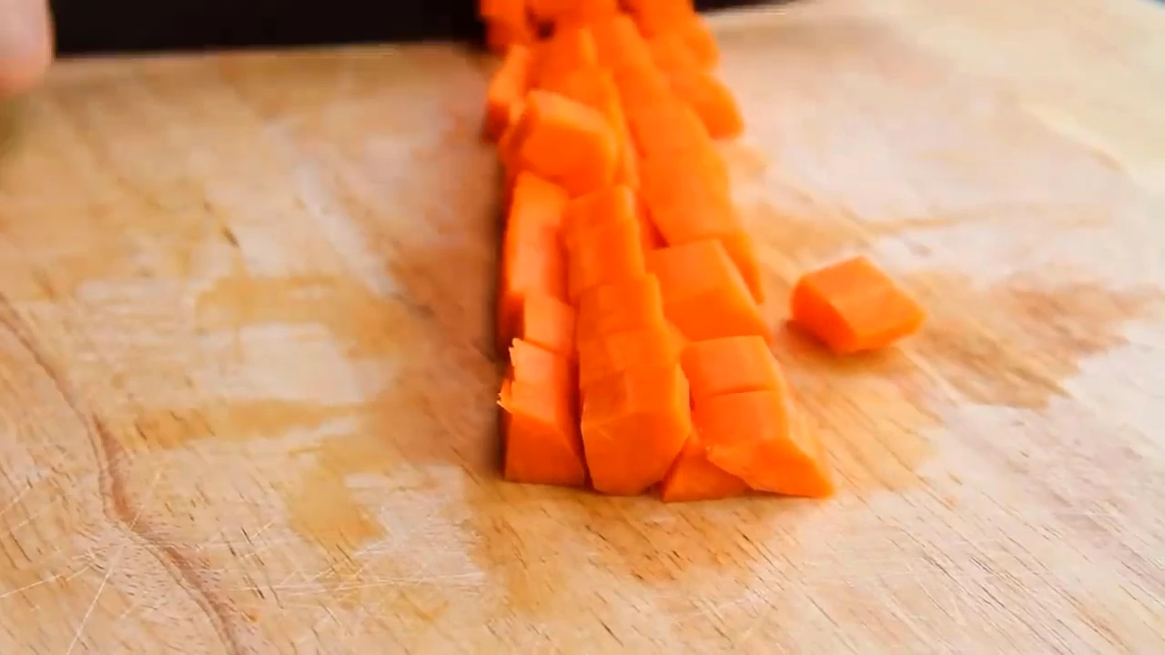 Dicing carrot for spinach potato salad.