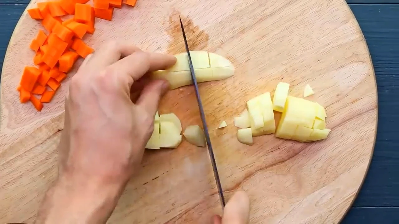 Dicing potato for spinach potato salad.