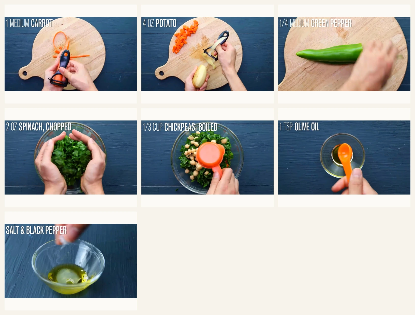 Ingredient collage for spinach potato salad with carrot and chickpeas.