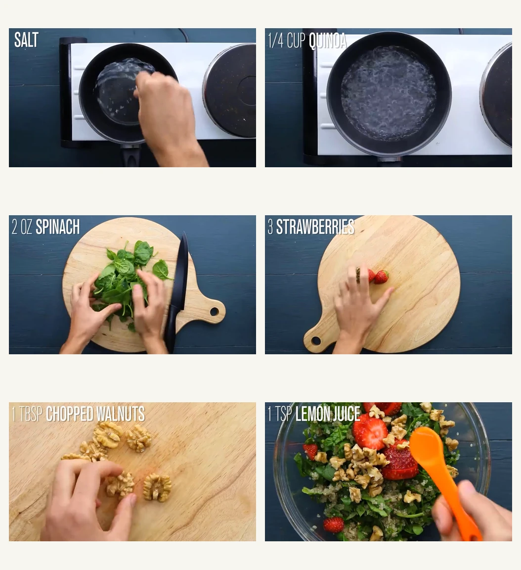 Ingredient collage for strawberry spinach quinoa salad.