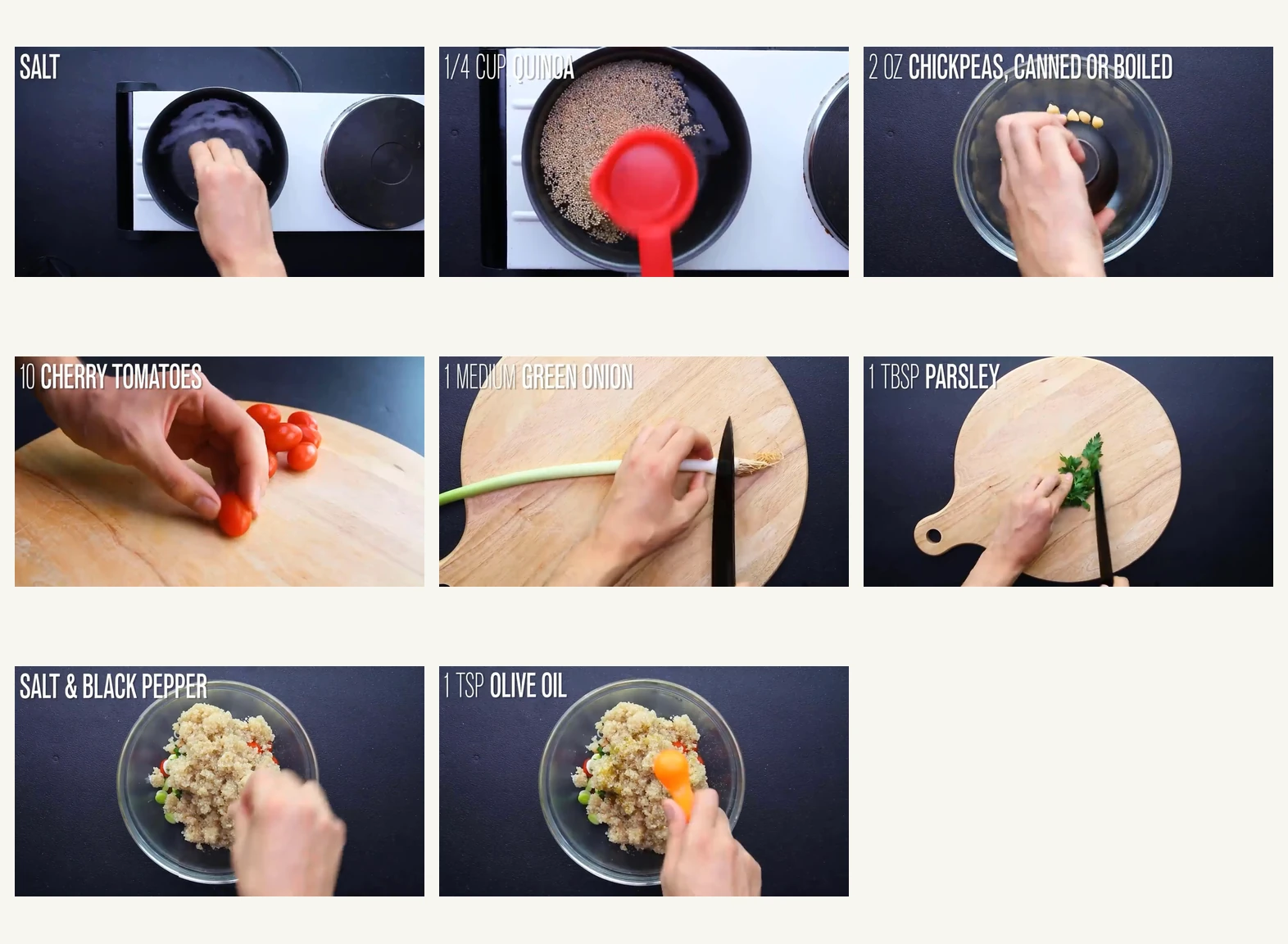 Ingredient collage for tomato quinoa salad.