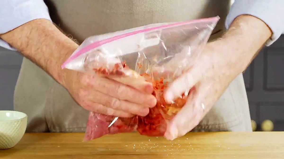 Pork marinade massaged in a sealed bag