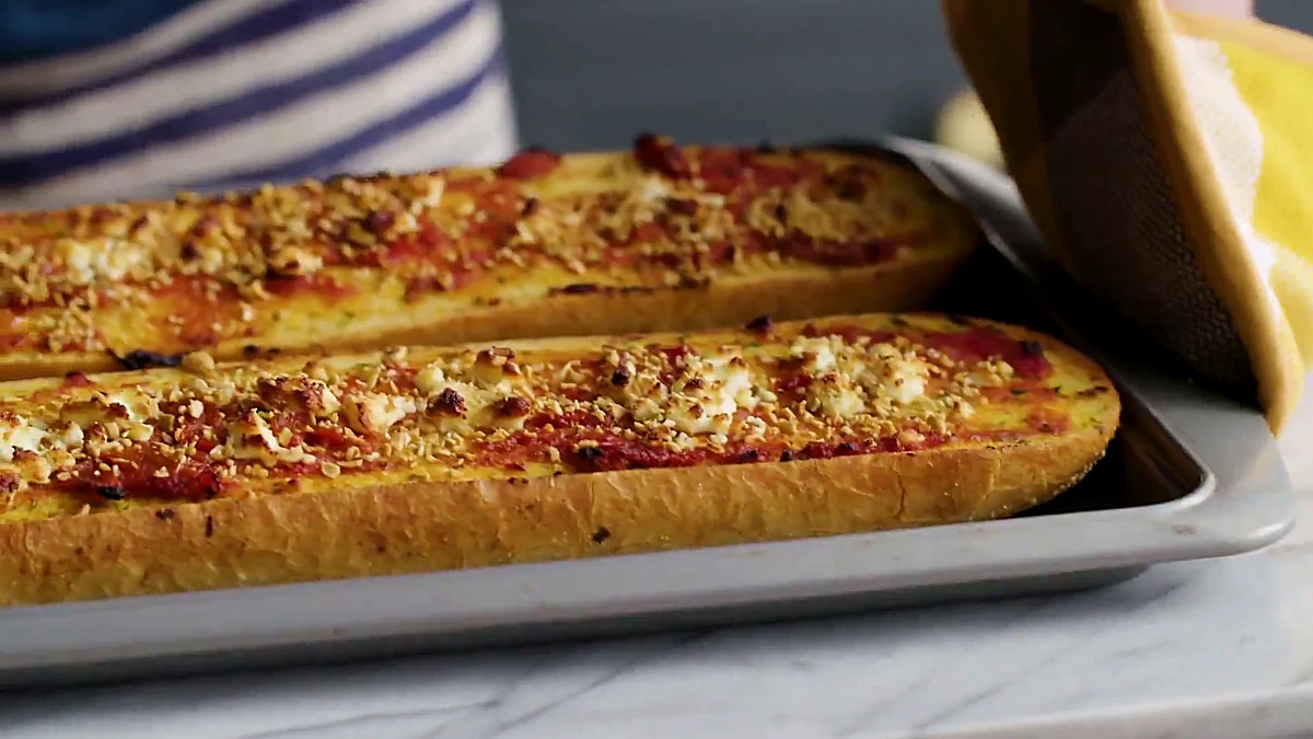 Baked feta tomato bread on a sheet pan