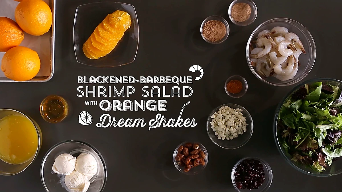 Blackened Barbecue Shrimp Salad with Orange Dream Shakes ingredients