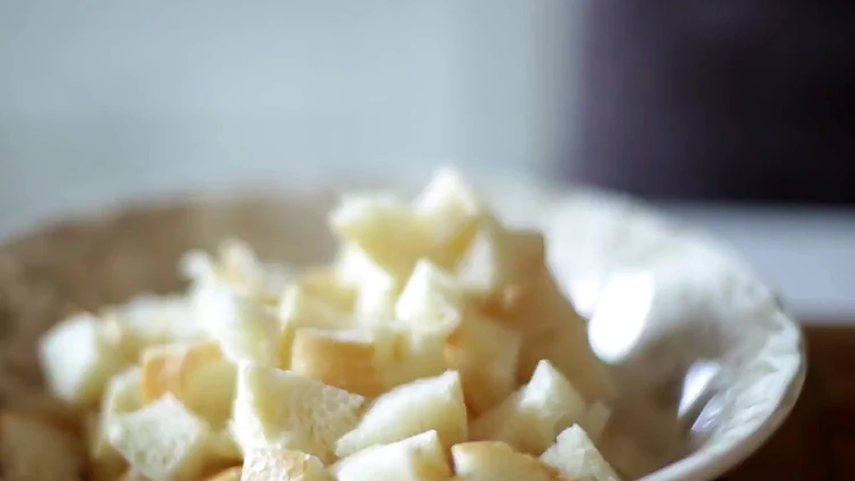 Baguette cubes ready for croutons