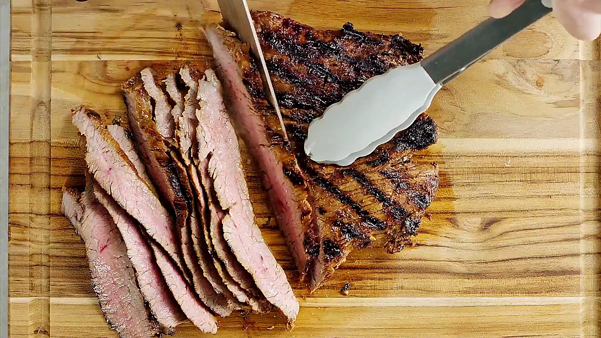 Flank steak sliced across the grain