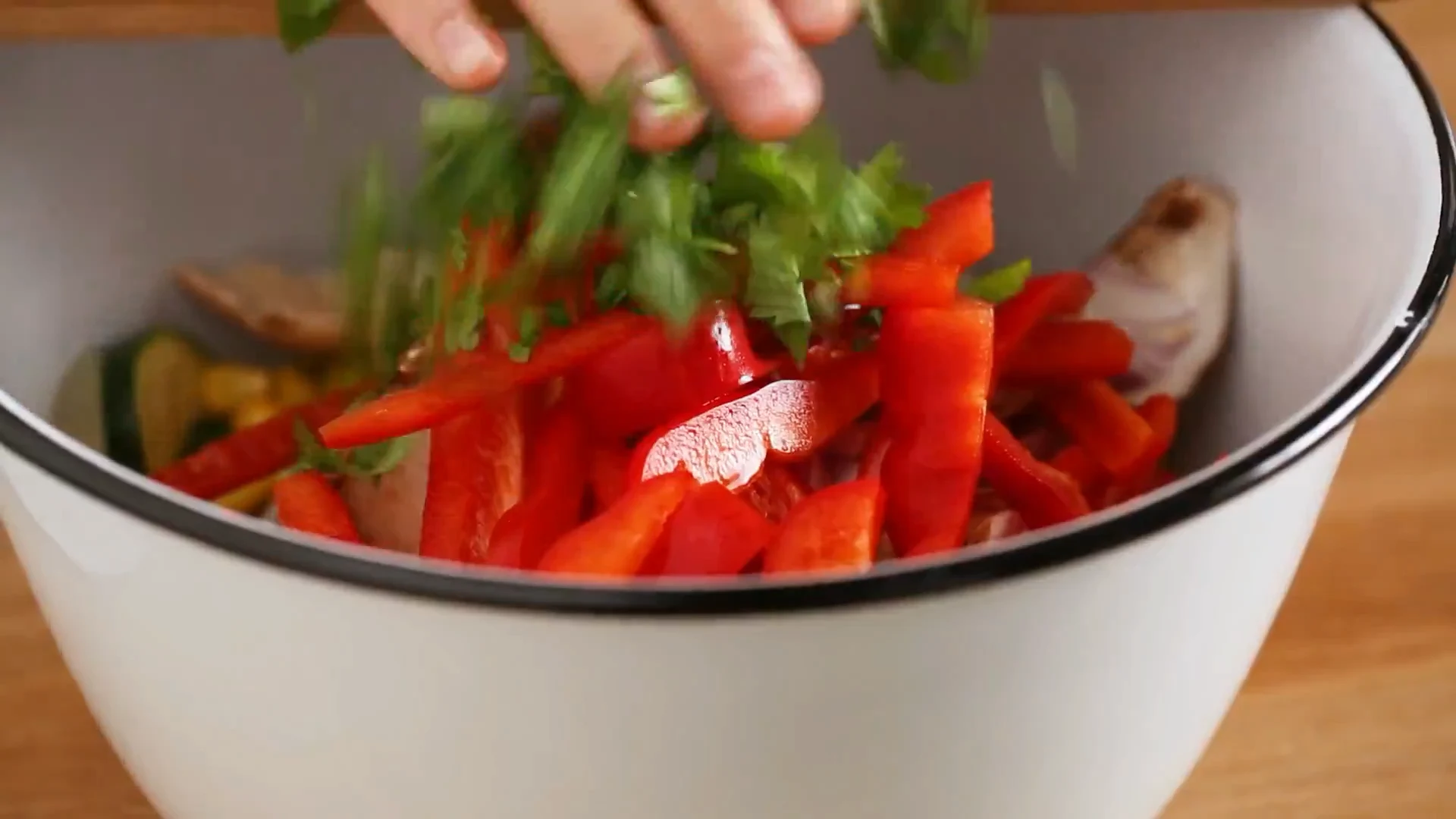 Red bell pepper strips and cilantro added to the veg bowl