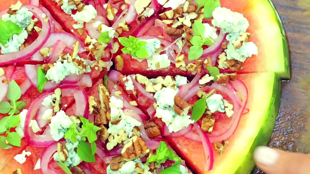 Close top view of grilled watermelon pizza