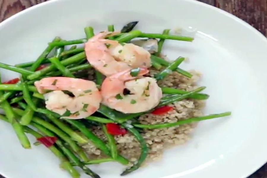Top view of lemon garlic shrimp vegetables and rice