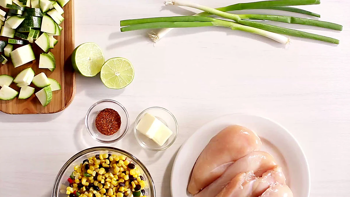 Ingredients for lime chicken with corn and zucchini salad