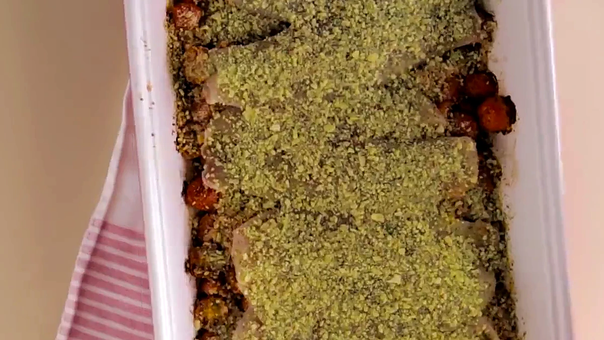 Finished pesto fish tomato bake overhead