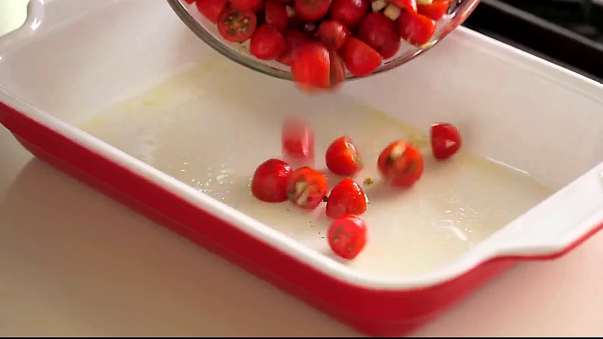 Tomato mixture spread in a baking dish